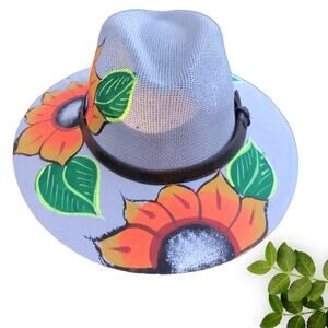 Grey Fedora Art Hand-Painted High-Quality Floral Hat from Mexico‎